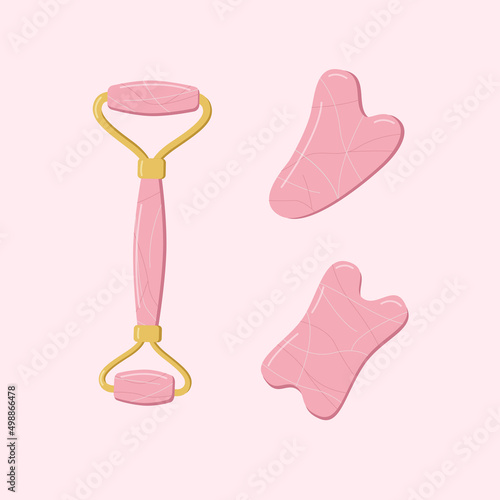 A set of trendy gua sha scrapers made of natural stone and roller massager for facial care. Vector illustration skin care concept.