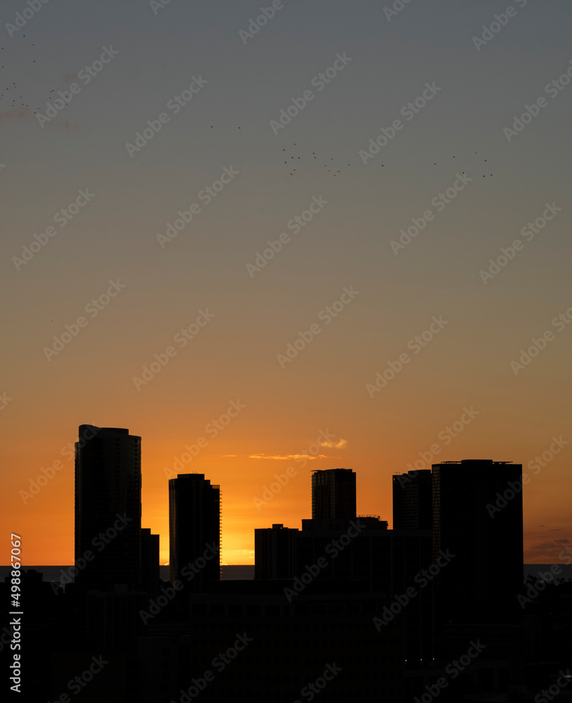 Urban silhouette at sunset for use as a book or magazine cover with room for message or title.