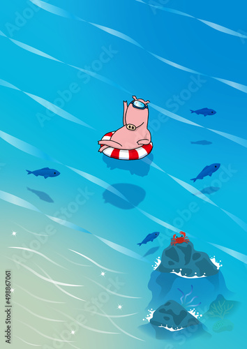 浮き輪で海に浮かぶブタ