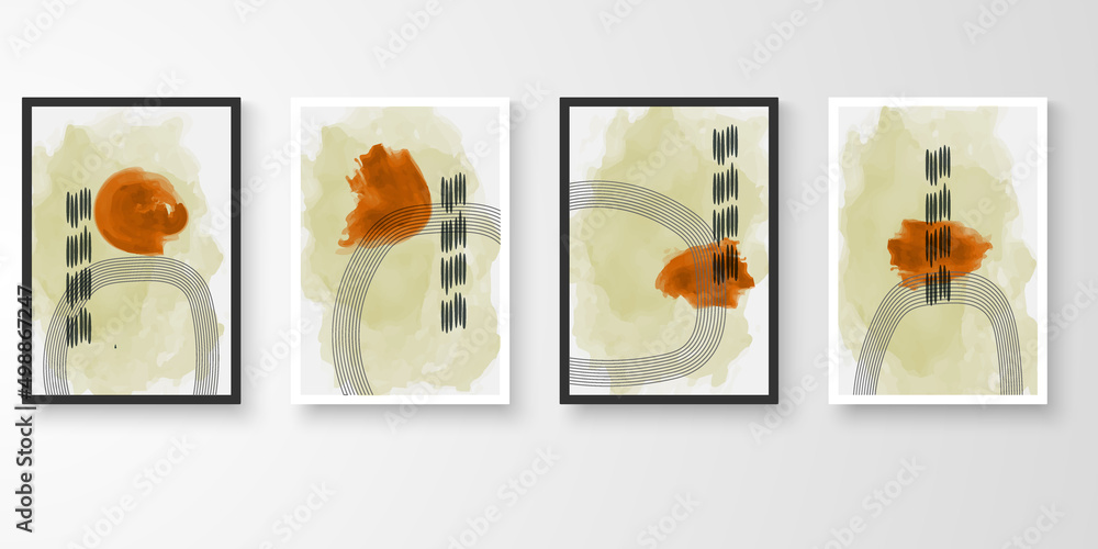 Set of wall art with frames. Asian modern line art drawing with abstract organic shape composition earth tone. Water color art vector illustration.