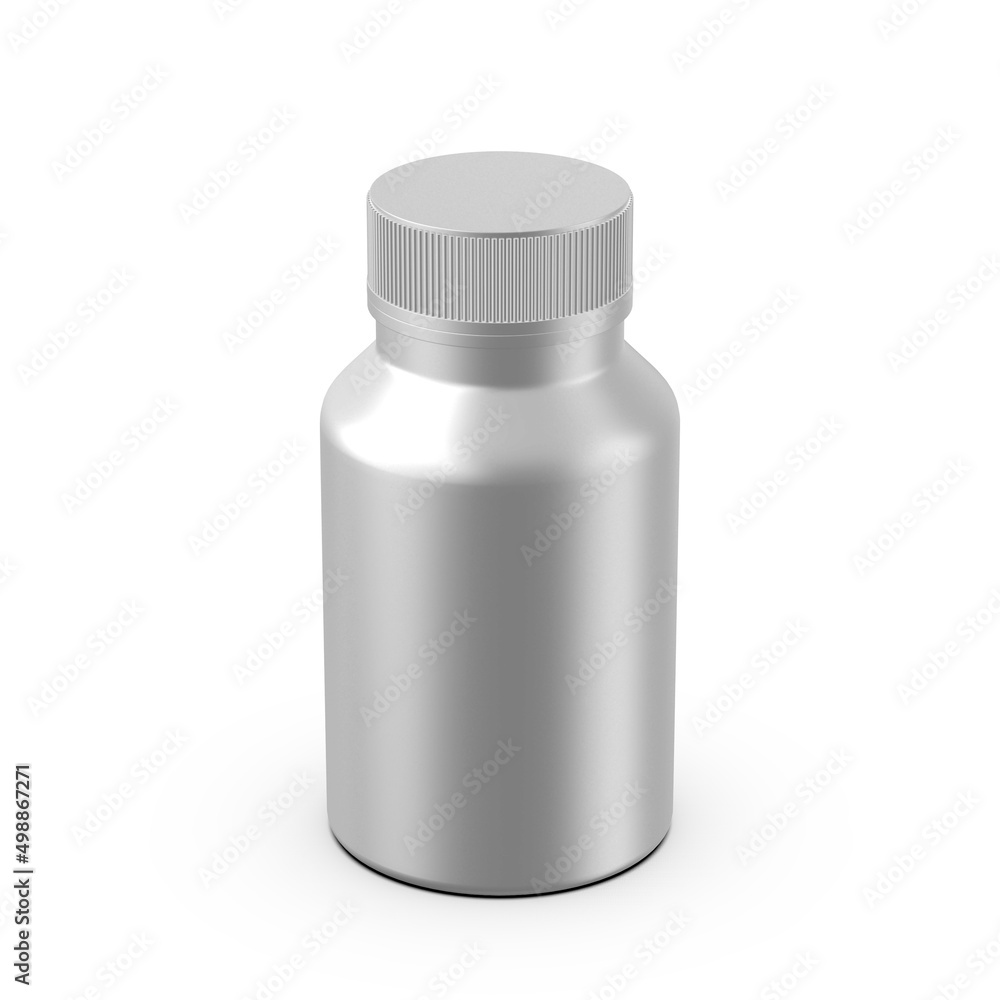 Metallic pill jar mockup template, matte medicine bottle for capsules and tablets on isolated white background, 3d illustration Metallic pill jar mockup template, matte medicine bottle for capsules and tablets on isolated white background, 3d illustration