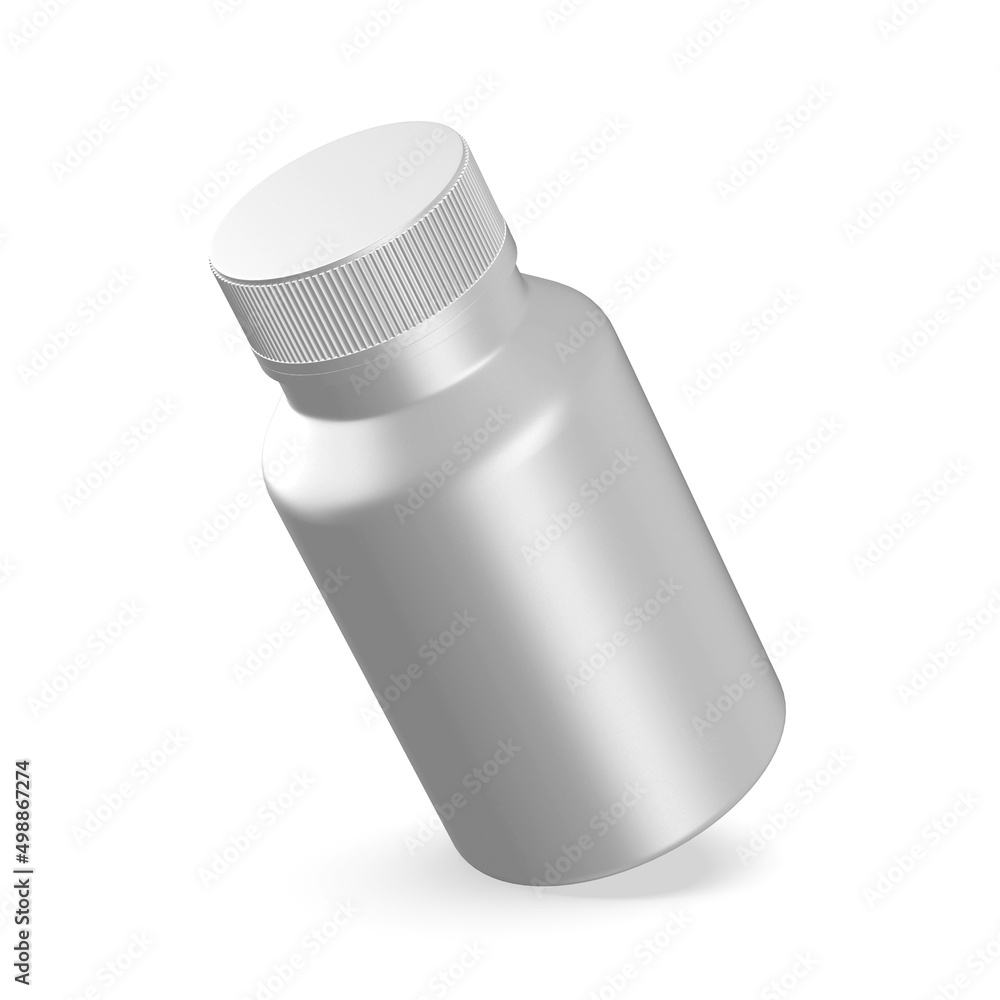 Metallic pill jar mockup template, matte medicine bottle for capsules and tablets on isolated white background, 3d illustration Metallic pill jar mockup template, matte medicine bottle for capsules and tablets on isolated white background, 3d illustration