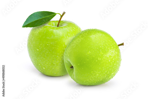 Leinwand Poster Two green granny smith apples fruit with leaf and water droplets isolated on white background