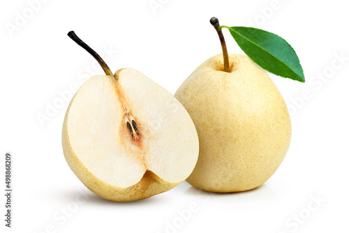 Chinese pear or asian pear with green leaf and half sliced isolated on white background. 