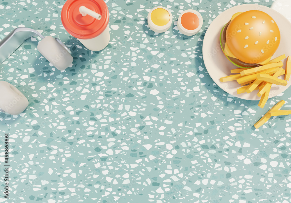 American diner table with delicious burger, coke and headphones 3D illustration background. Different recreation scenarios flat lay view cartoon interior backgrounds collection. American diner table with delicious burger, coke and headphones 3D illustration background. Different recreation scenarios flat lay view cartoon interior backgrounds collection.