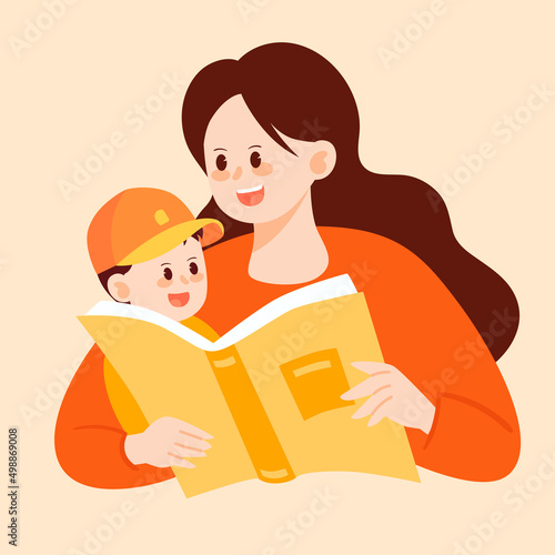 Mom is telling a story to her child, mother hugs her son, vector illustration
