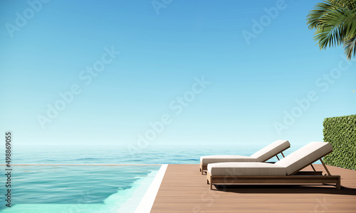 Beach Terrace Modern Luxury Villa Hotel with Swimming Pool, Sea and Sky view, 3D Rendering 