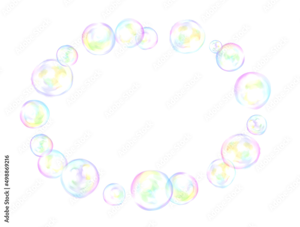 Oval frame of soap bubbles drawn with digital watercolor