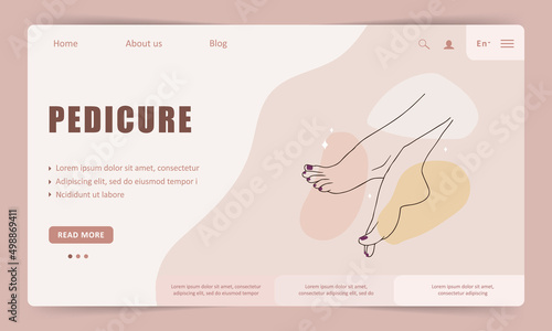 Pedicure service landing page template. Linear female hands. Beauty logo for manicure studio or spa salon. Vector Illustration in flat cartoon style. Website design.