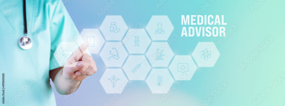 Medical Advisor. Male doctor pointing finger at digital hologram made of icons. Text with medical term. Concept for digitalization in medicine Medical Advisor. Male doctor pointing finger at digital hologram made of icons. Text with medical term. Concept for digitalization in medicine