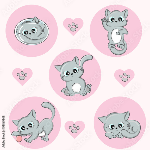 A set of cute kittens  in different poses  print on textiles  on a T-shirt or packaging