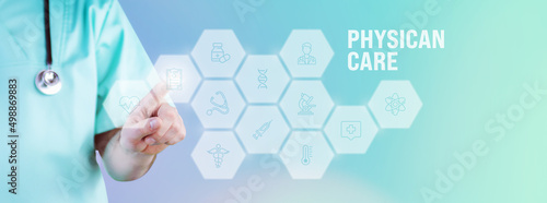 Physican care. Male doctor pointing finger at digital hologram made of icons. Text with medical term. Concept for digitalization in medicine photo