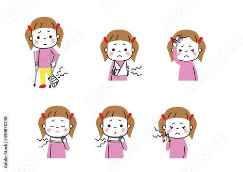 子どものケガ　ケガをしている女の子　骨折、むち打ち、たんこぶ　