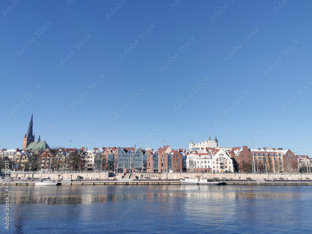 Panoramic view of old town in Szczecin, Stettin city. Waterfront by the Odra River, Poland.