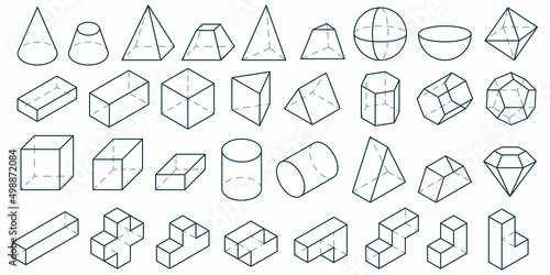 3D Geometric shapes. Set of basic figures: cube, pyramid, sphere, cylinder and other isometric objects. Collection of vector three-dimensional design for education and abstract geometric graphic. photo