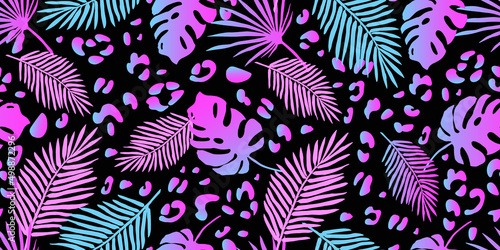 Exotic fluorescent palm leaves and leopard texture seamless pattern. vector wallpaper. Tropical neon gradient background. Futuristic digital. 