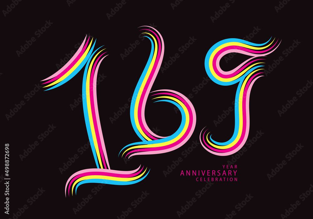 169 number design vector, graphic t shirt, 169 years anniversary celebration logotype colorful line, 169th birthday logo, Banner template, logo number elements for invitation card, poster, t-shirt. 169 number design vector, graphic t shirt, 169 years anniversary celebration logotype colorful line, 169th birthday logo, Banner template, logo number elements for invitation card, poster, t-shirt.
