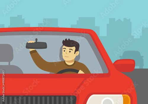 Red sedan car driver adjusting rear view mirror in a car. Close-up front view of a sedan car on a city road. Flat vector illustration template.