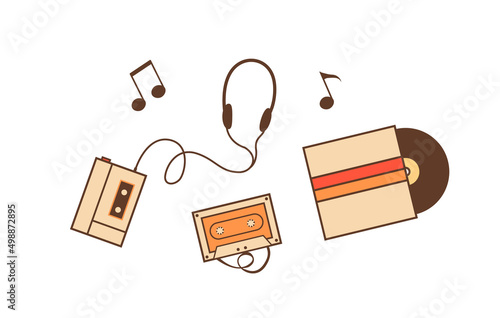 Set of outline icons with vintage records, musical devices and equipments for playing music from cassettes and vinyl plates. Retro cassette player with earphones. Vector illustration isolated on white