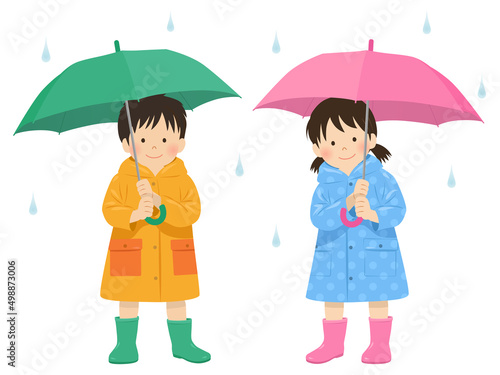 傘をさす子供_ベクターイラスト