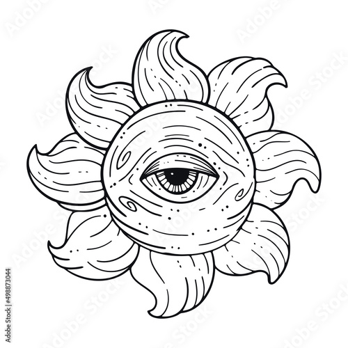 Line art in hippie style. Psychedelic contour drawings. Templates for coloring books, tattoos, stickers, prints. Trendy black and white vector illustration with sun, eye and rays.