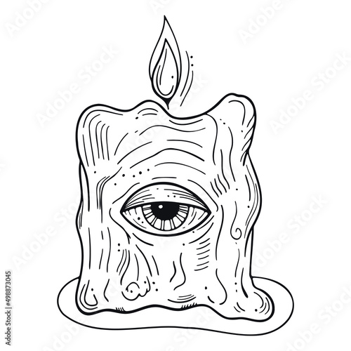 Line art in hippie style. Psychedelic contour drawings. Templates for coloring books, tattoos, stickers, prints. Trendy black and white vector illustration with a candle and an eye.