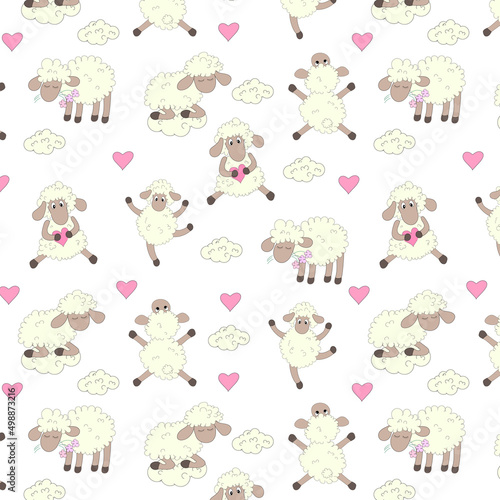 Fototapeta Naklejka Na Ścianę i Meble -  Cute sheep, Seamless pattern, doodle style, printing on fabric, packaging, textile, vector