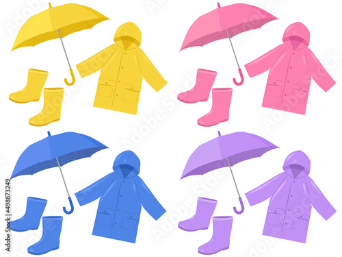 4色の雨具セット_傘・レインコート・長靴_ベクターイラスト