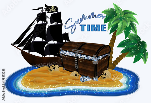 Summer time card, tropical island with treasure diamonds chest and pirate ship , vector illustration