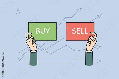 Businessman hands on stock market chart background hold Buy and Sell signs. Man trader or investor exchange business data. Trading and investing concept. Flat vector illustration. 