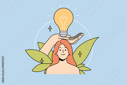 Huge hand holding lightbulb above smiling woman head. Happy female generate creative ideas brainstorm think over plans or thoughts. Visualization concept. Vector illustration. 