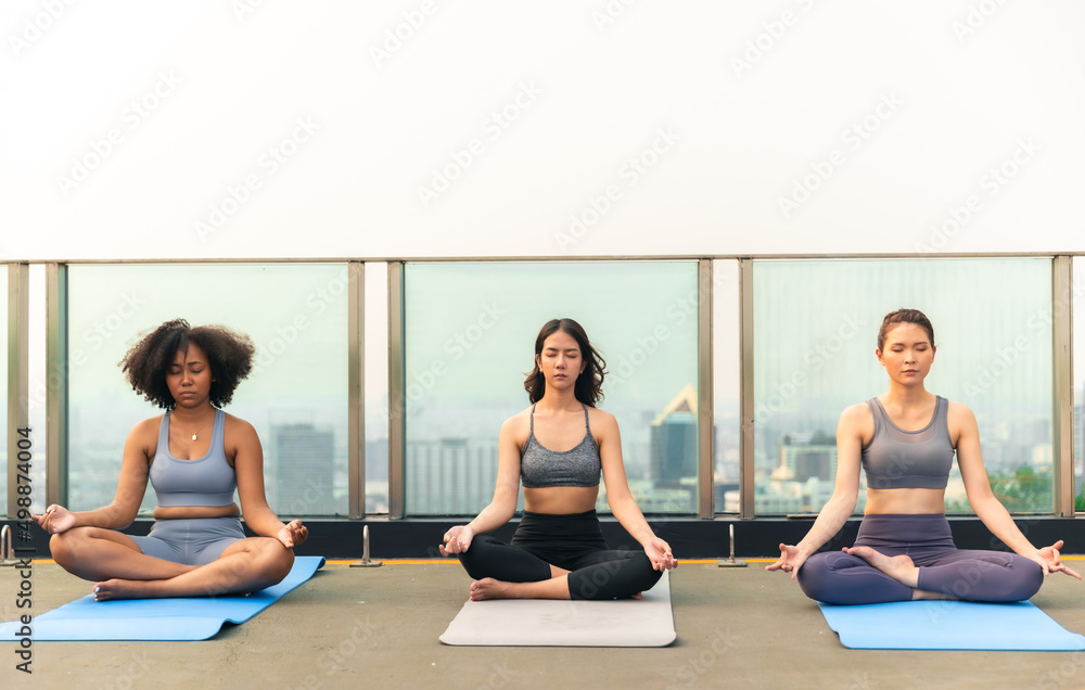 Young Asian woman and African American exercise yoga on the rooftop.Group of happy fit friends exercising outdoor in city. Young Asian woman and African American exercise yoga on the rooftop.Group of happy fit friends exercising outdoor in city.