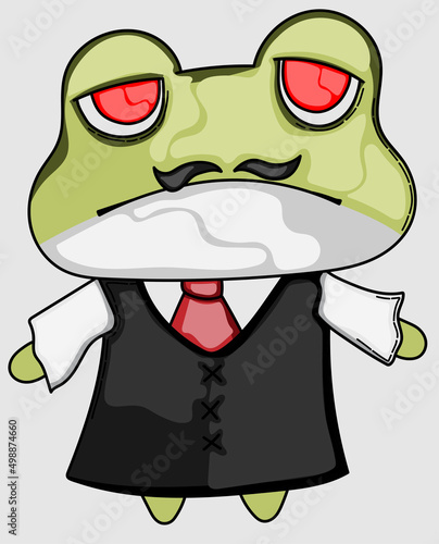 cartoon frog with mustache standing in red shirt and tie