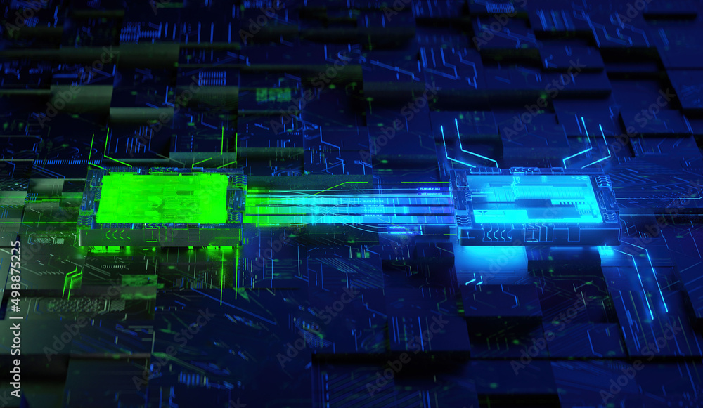 3D rendering of cyberpunk AI. Circuit board. Technology background. Central Computer Processors CPU and GPU concept. Motherboard digital chip. Tech science background. 3D rendering of cyberpunk AI. Circuit board. Technology background. Central Computer Processors CPU and GPU concept. Motherboard digital chip. Tech science background.