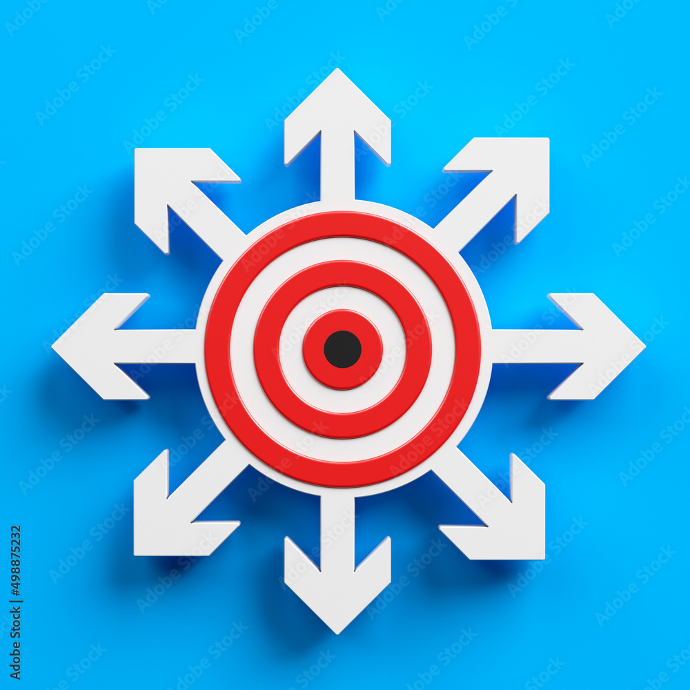 White and red-colored financial target icon. On blue-colored background. Square composition with copy space. Isolated with clipping path. White and red-colored financial target icon. On blue-colored background. Square composition with copy space. Isolated with clipping path.