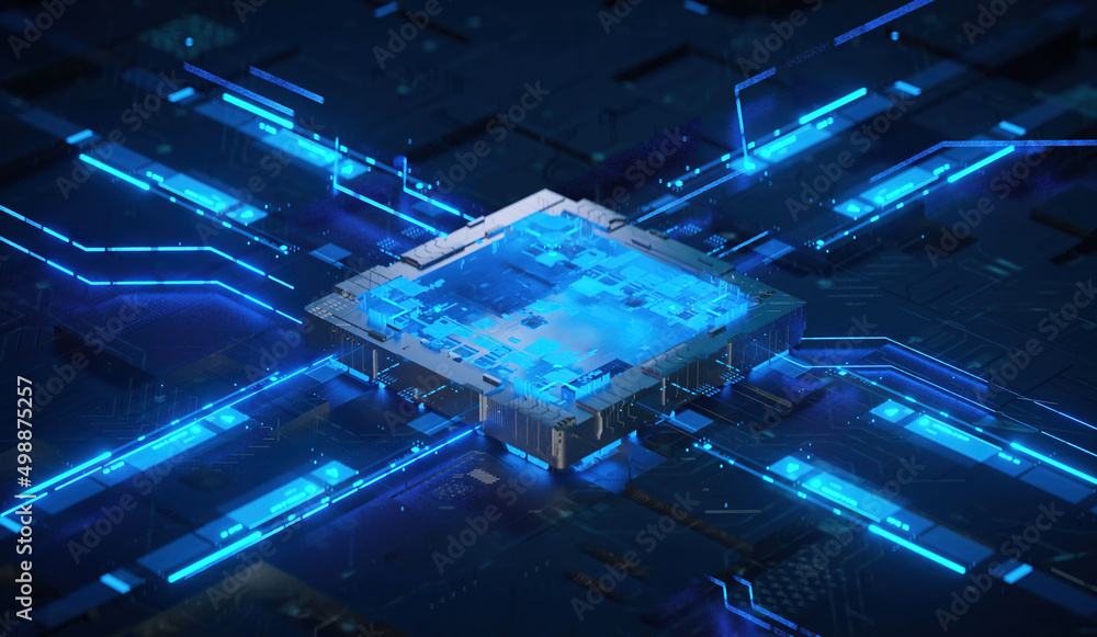 3D rendering of cyberpunk AI. Circuit board. Technology background. Central Computer Processors CPU and GPU concept. Motherboard digital chip. Tech science background. 3D rendering of cyberpunk AI. Circuit board. Technology background. Central Computer Processors CPU and GPU concept. Motherboard digital chip. Tech science background.