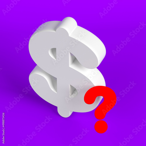 Fototapeta Naklejka Na Ścianę i Meble -  White-colored dollar symbol and red-colored question mark. On purple-colored background. Square composition with copy space. Isolated with clipping path.