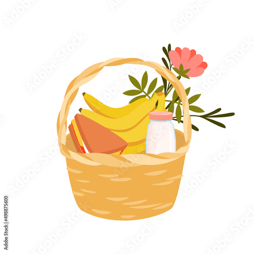 Picnic wicker basket with meals and flower vector illustration. Cartoon bananas, tasty snack sandwich and glass bottle of milk for outdoor dining, summer camping isolated on white. Food concept