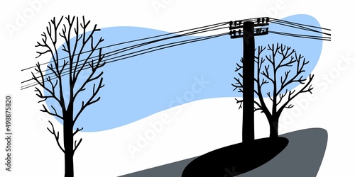 Distribution of electricity by power lines. Landscape with trees and power lines against the blue sky. Illustration in the style of flat and contour graphics