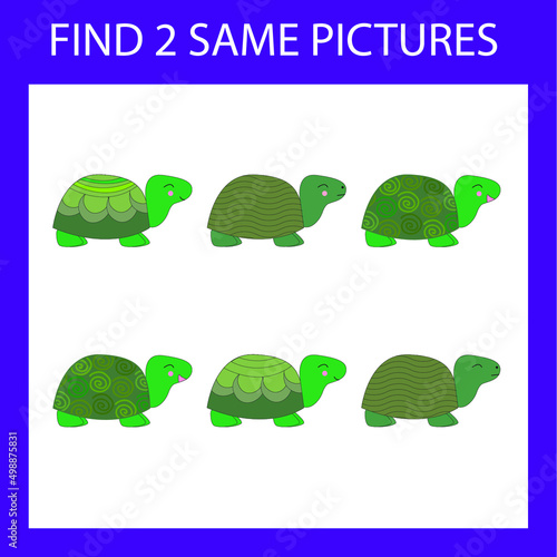 Find a pair game with funny  green  turtles.  Worksheet for preschool kids, kids activity sheet, printable worksheet 
