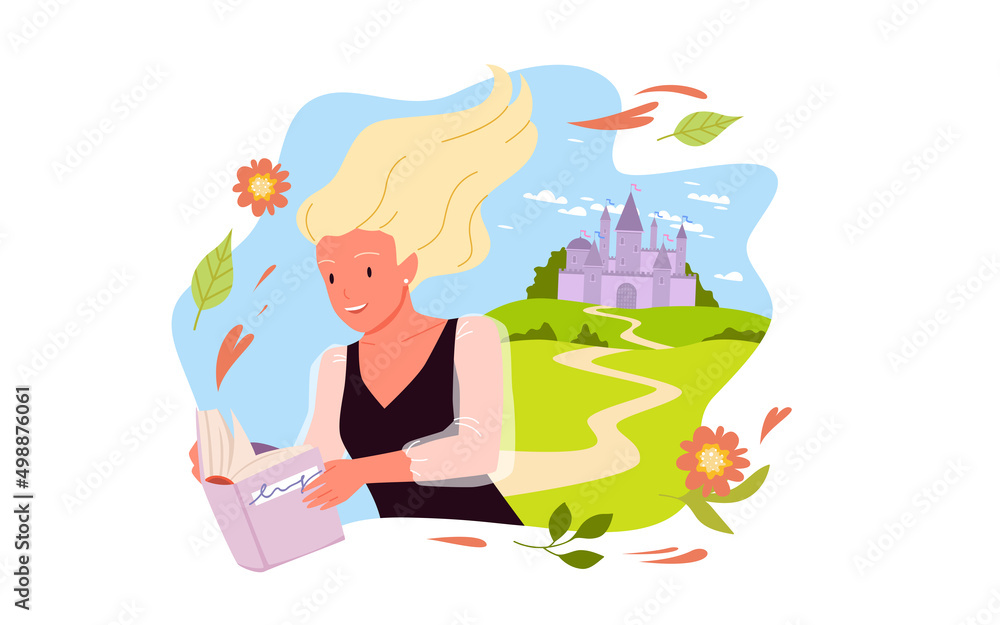 Girl reading fantasy story book about castle in fairytale medieval kingdom vector illustration. Cartoon cute young woman holding open paper book and dreaming isolated on white. Imagination concept