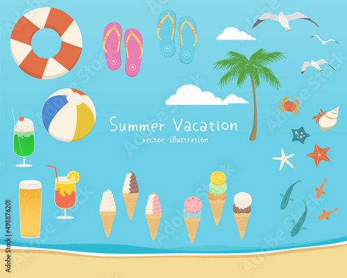 Set of summer beach elements. Vector illustration of beach accessories, seaside creatures, palm tree, foods and drinks.