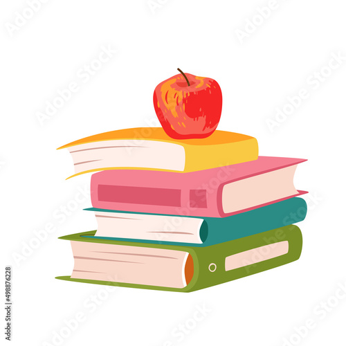 Stack of colorful books and textbooks and apple on top vector illustration. Cartoon pile of paper books from university library, literature from bookstore isolated on white. Read, study concept