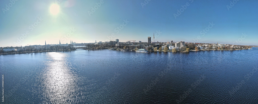 Hamburg Top View to the Alster and the historical city shape at the background