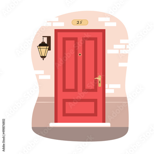 Red door to home apartment vector illustration. Cartoon brick wall of house, classic building entrance with vintage decoration, doorstep and gold handle isolated on white. Facade, exterior concept
