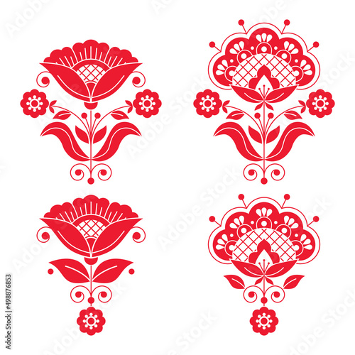Scandinavian floral folk art vector red design set with flowers, leaves and swirls inspired by traditional embroidery patterns
