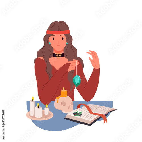 Fortune teller predicting fate vector illustration. Cartoon beautiful girl sitting at table with book of magic, candles and skull, holding crystal on string isolated on white. Mystery, fortune concept