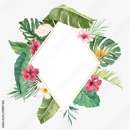 Bright Summer Illustration with Tropical Flowers and Leaves