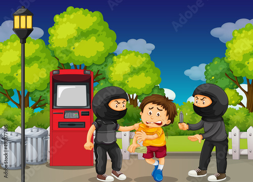 Fototapeta ATM scene with a boy threatened from two robbers