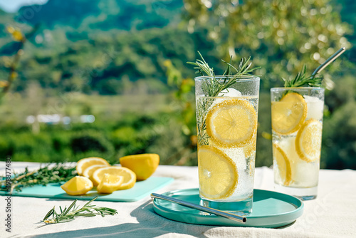 Fotografie, Obraz Summer refreshing lemonade drink or alcoholic cocktail with ice, rosemary and lemon slices on the table in the garden